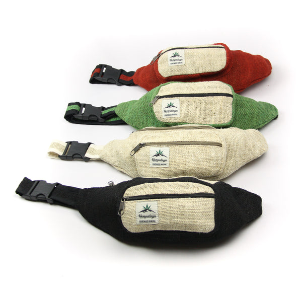 4 pieces of hemp fanny packs, front view, in the colors black, natural, green and red 